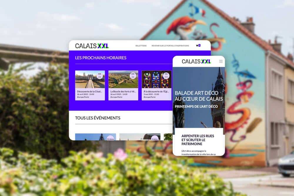 Vue de la billetterie Calais XXL sur un smartphone avec une œuvre de Street-Art en arrière plan.