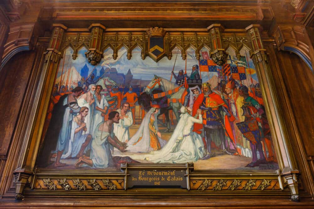 Peinture de Jeanne Thil représentant la reddition des Bourgeois de Calais, située à l'intérieur de l'hôtel de ville de Calais