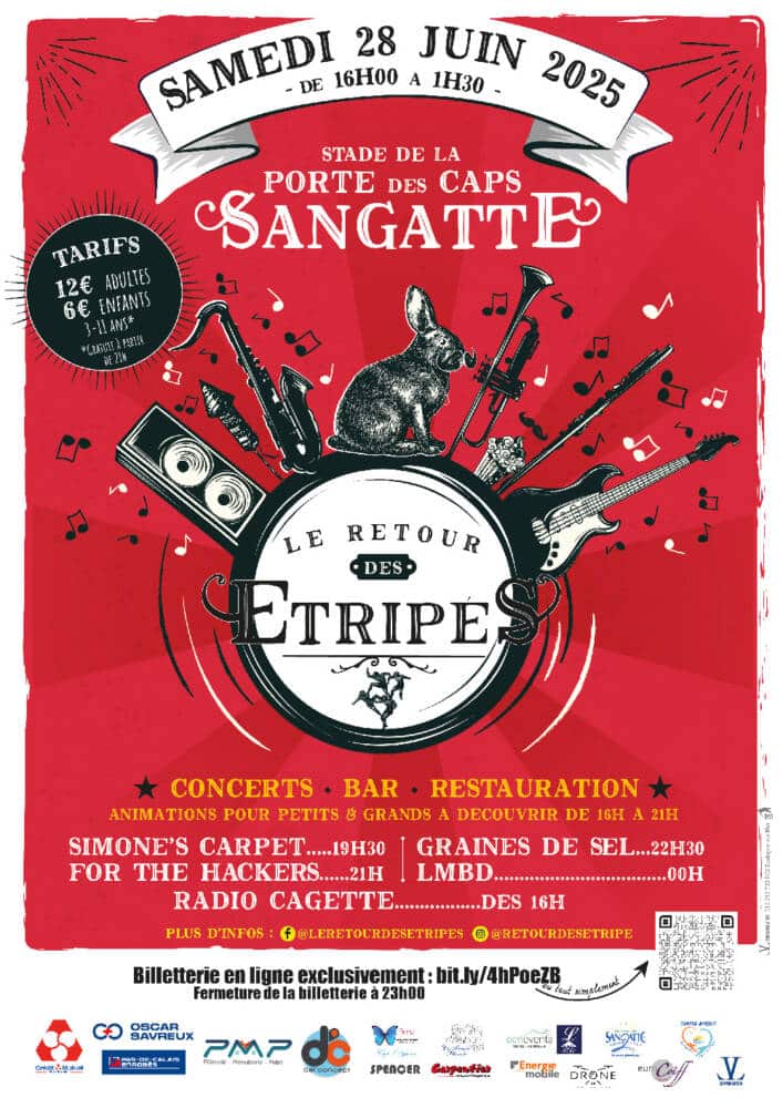 affiche sur fond rouge représentant un lapin entouré d'instruments de musique