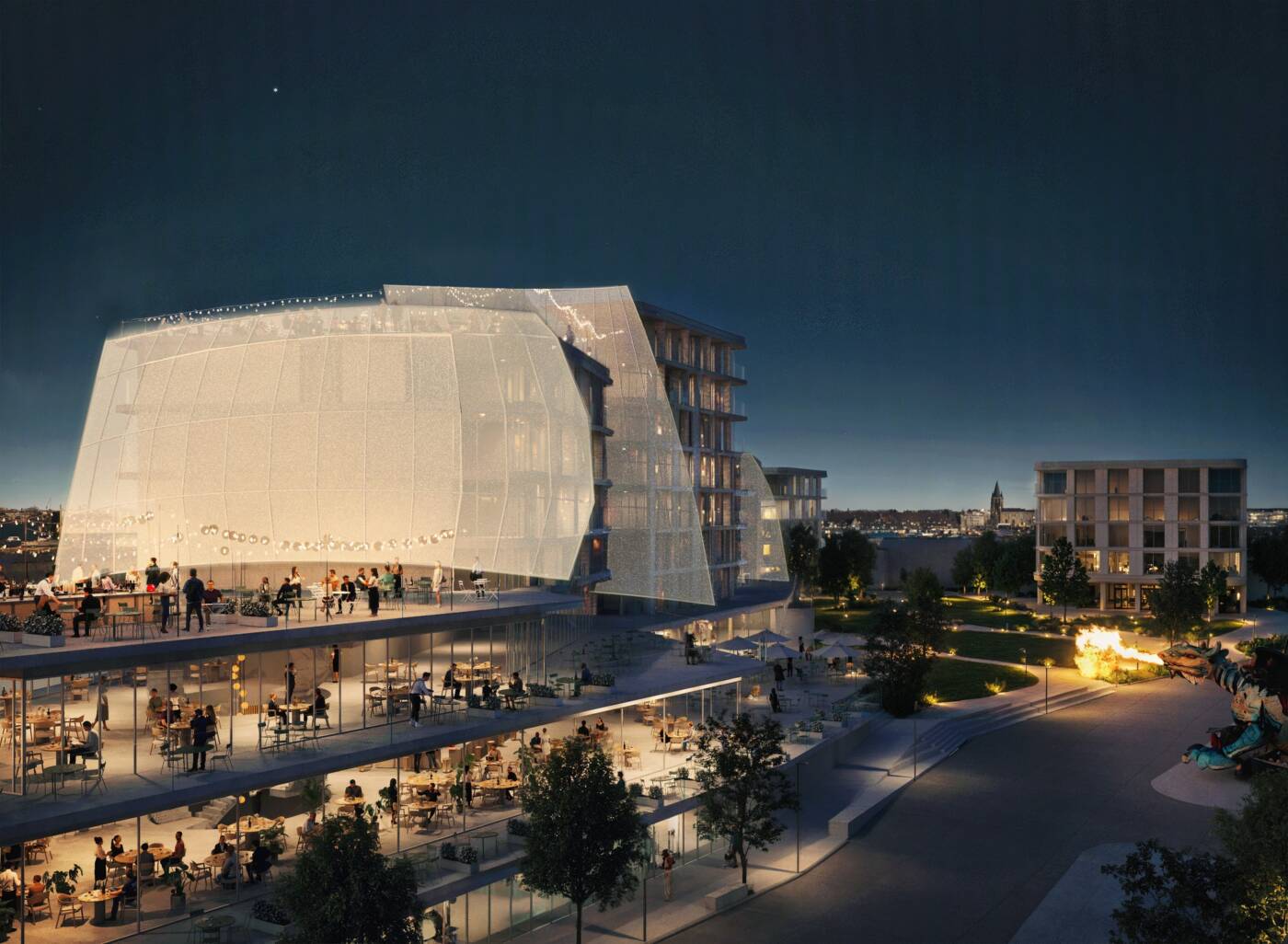 Vue nocturne du projet Hôtelier Van Der Valk Calais sur le front de mer.