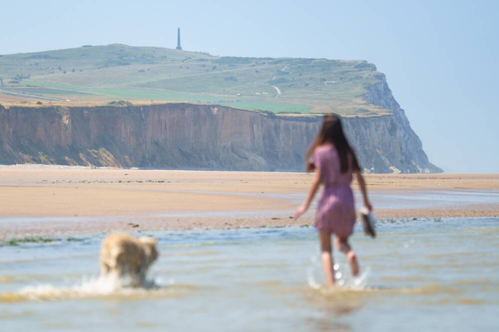 Cane e padrone in acqua ai piedi del Cap Blanc Nez, spiaggia di Sangatte.